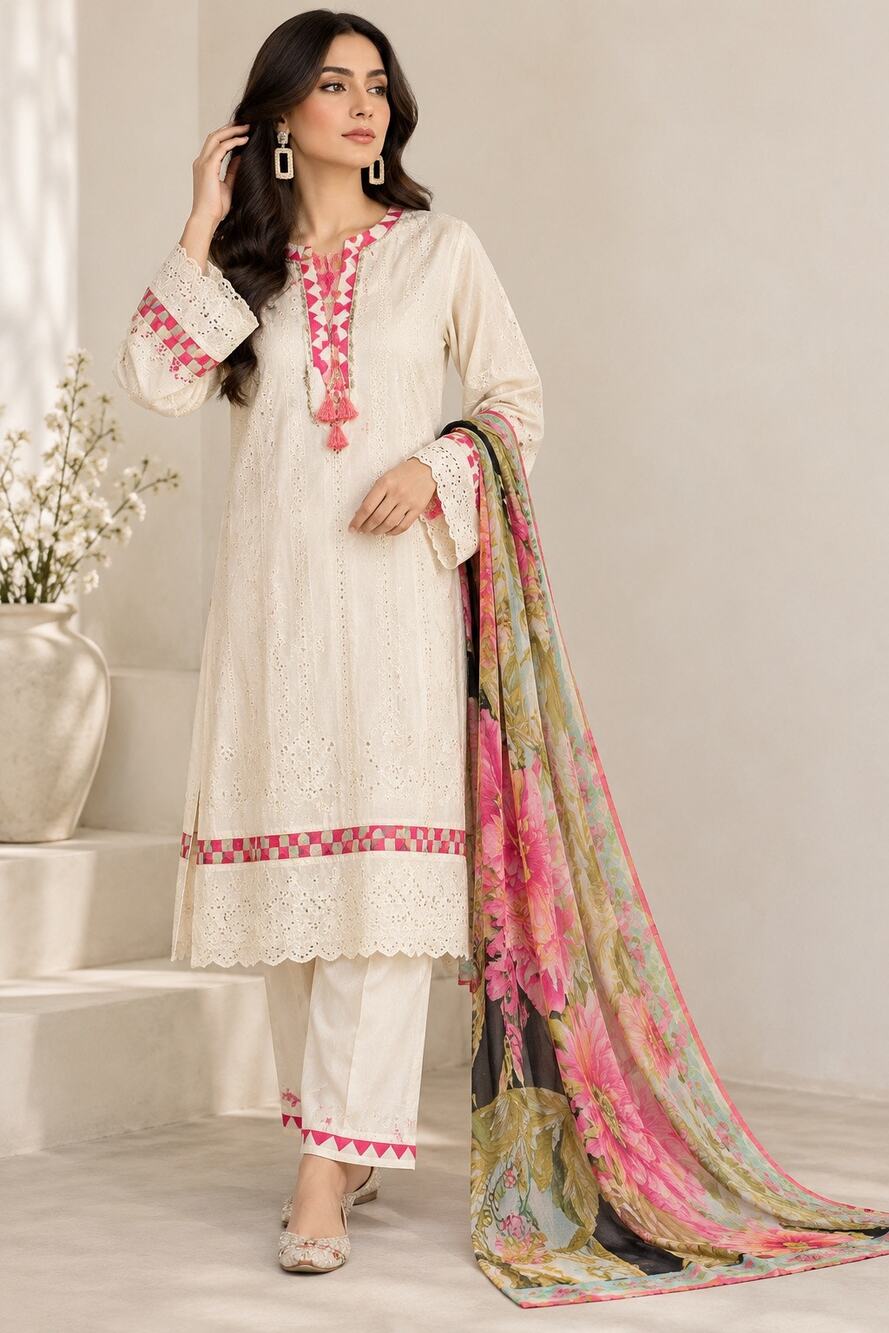Soni Dresses by Aamir Women’s L Pakistani Shiffly Linen Suit Dupatta Embroidered